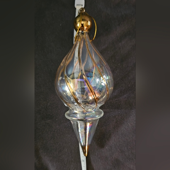 Clear Iridescent and Gold 6.5" Mouth Blown Glass Christmas Holiday Tree Ornament - Picture 2 of 3